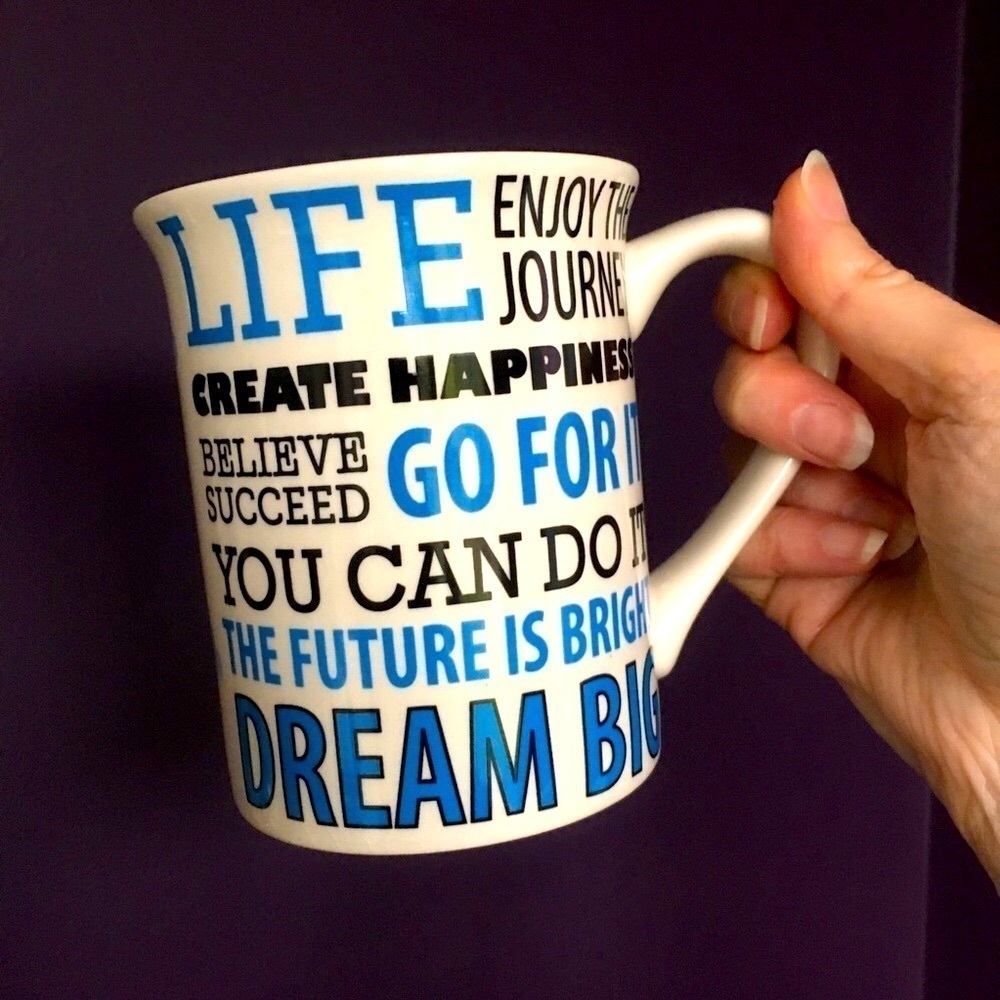 Positive Affirmations + Clouds Mug, Pastel Blue, Black, White, 16 oz
